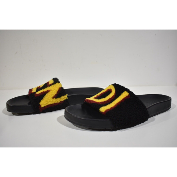 Fendi Mens Shearling Fur Logo Yellow Red Black Flat Slide Sandal Flip Flop 7 - Picture 9 of 12